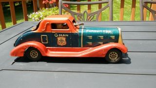Rare 1930s Louis Marx G - Man Pursuit Car - Wind Up Tin Toy -