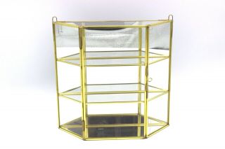 Vintage Brass Glass Table Top Wall Curio Cabinet Display Shelf Case Mirror Back
