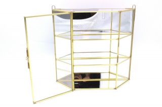 Vintage Brass Glass Table Top Wall Curio Cabinet Display Shelf Case Mirror Back 2