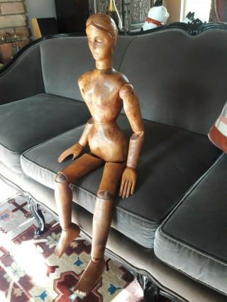 Antique 3 Ft Wood Mannequin Female Carved Articulated Maquette Peg Joints 19th C