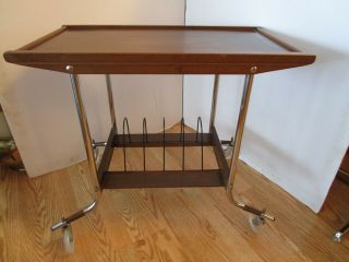 Rolling Record Player Lp Holder Cart Table Wood Chrome 1960’s Atomic Mid Century