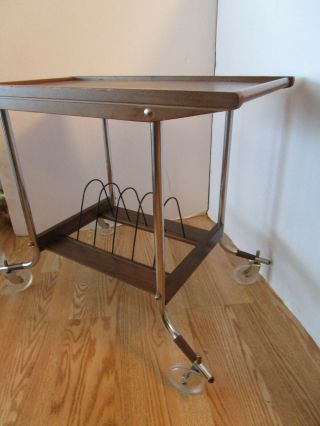 Rolling Record player LP Holder Cart Table Wood Chrome 1960’s Atomic Mid century 2