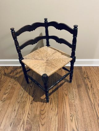 Antique Corner Chair With Rush Seat And Hand Carved Wood