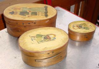 3) Rare Antique Primitive Folkart Figural Painted Shaker Oval Spice Boxes N/r