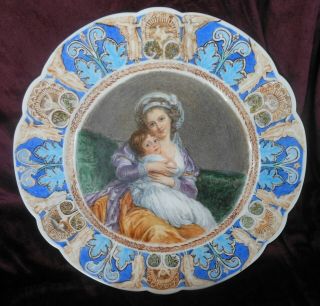 Great Antique French Hand Painted Porcelain Portrait Charger,  Mother & Child 13 "