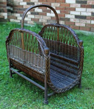 RARE Antique Victorian Large Natural Willow Wicker Log Firewood Holder Basket 3