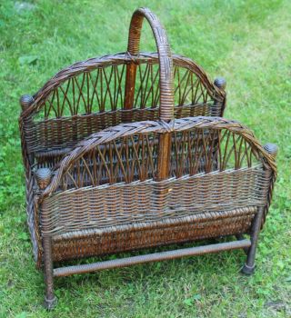 RARE Antique Victorian Large Natural Willow Wicker Log Firewood Holder Basket 7