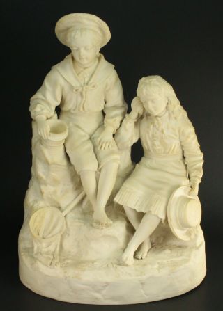 Antique 19th C.  English Bisque Parian Figural Group Boy & Girl At Seaside Big