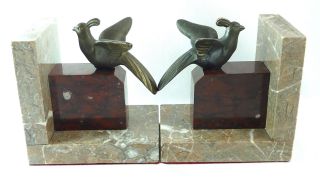 Exceptional Art Deco French Bookends Casted In Spelter With Marble Base Lovebird