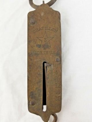 Vintage John Chatillon Hanging Brass Face 3 25 lb Spring Scale with Hook 1800 ' s 2