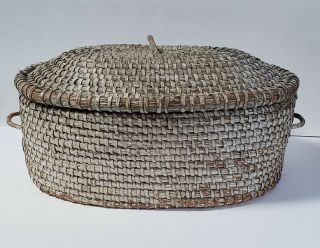 Antique 18 " Pennsylvania Rye Straw Basket Lidded Old White Paint,  Aafa,  Ooak