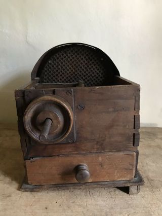 Rare Big Early Antique Wood & Pierced Iron Table Top Spice Grinder Box Aafa