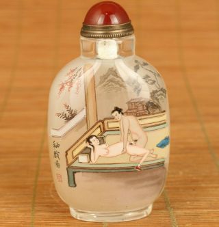 Antiques Old Glass Hand Inside Painted Art Sex Culture Statue Noble Snuff Bottle
