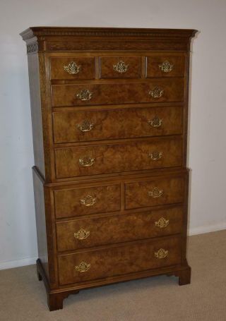 Baker Furniture Chippendale Burled Wood Tall Chest Ten Drawers