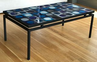 Coffee table with vintage Roger Capron tiles in a black,  floating metal frame 2
