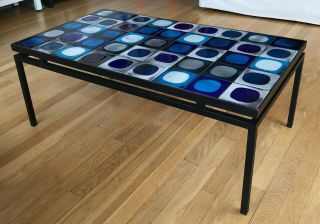 Coffee table with vintage Roger Capron tiles in a black,  floating metal frame 3