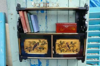 Antique Victorian Aesthetics Ebonised Hanging Shelves Cabinet Bird Painted Panel 12