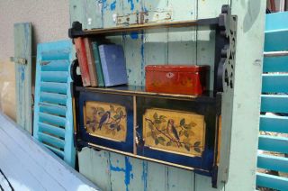 Antique Victorian Aesthetics Ebonised Hanging Shelves Cabinet Bird Painted Panel