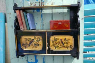 Antique Victorian Aesthetics Ebonised Hanging Shelves Cabinet Bird Painted Panel 2