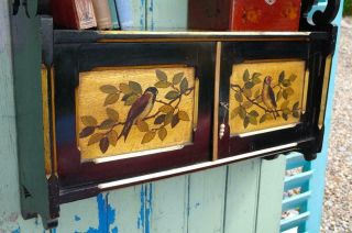 Antique Victorian Aesthetics Ebonised Hanging Shelves Cabinet Bird Painted Panel 4