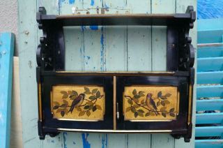Antique Victorian Aesthetics Ebonised Hanging Shelves Cabinet Bird Painted Panel 5