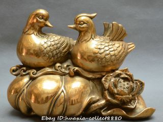 Chinese Fengshui Old Bronze Mandarin Duck Lotus Flower Love Birds Duck Statue