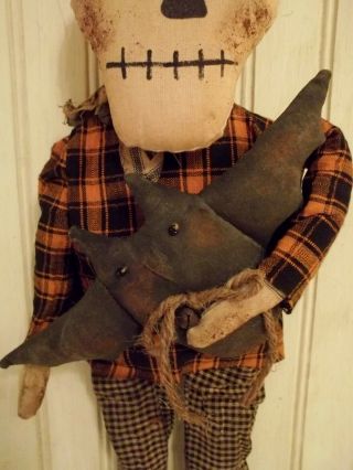 Primitive Grungy Little Skeleton Halloween Doll & His Bat 3