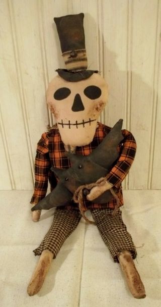 Primitive Grungy Little Skeleton Halloween Doll & His Bat 4