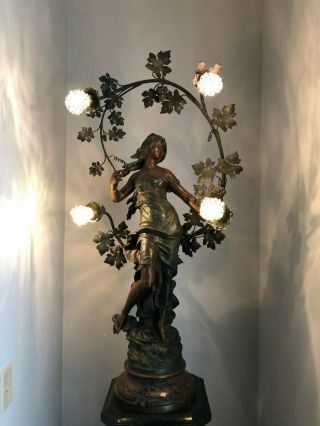Auguste Moreau Art Nouveau Spelter Bronze 45 " Four Light Newel Post Lamp