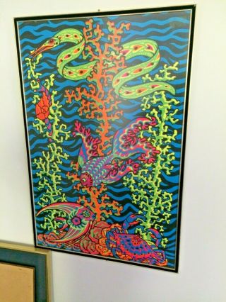 Vintage Black Light Poster on Board Psychedelic 1960’s Aquarium Scene RARE 3