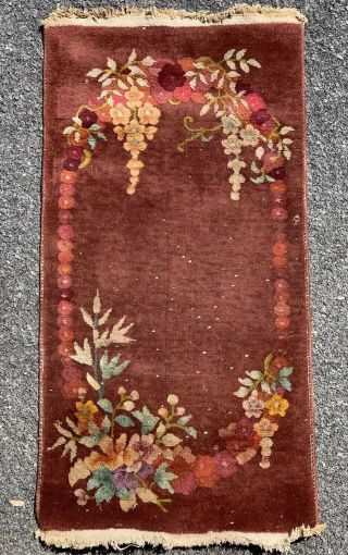 C1930s 100 Wool Chinese Art Deco Area Rug.  Amber Ground With Oval Floral Design