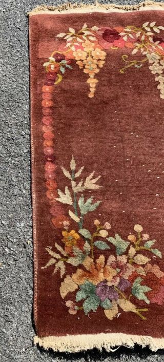 C1930s 100 Wool Chinese Art Deco Area Rug.  Amber Ground With Oval Floral Design 4