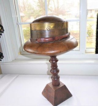 Vintage Millinery Puzzle Wooden Hat Block Mold Form On Stand Leather Band