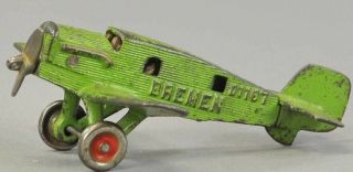 Rare Hubley Bremen Green Cast Iron Airplane -