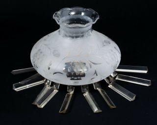 Antique Frosted Glass Lamp Shade With Hanging Luster Crystal Prism Spears Lustre