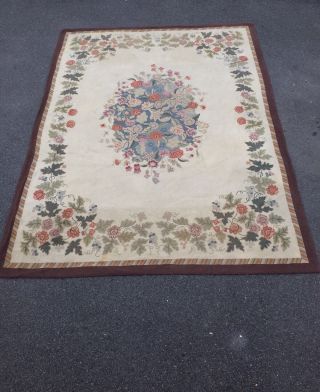 Vintage Room Size American Yarn Sewn Hooked Rug With Floral Motifs.  12 