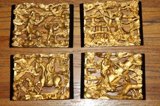 4x 1900 Chinese Hand Carved Gold Gilt Wood Panel Taoist Immortal Motifs