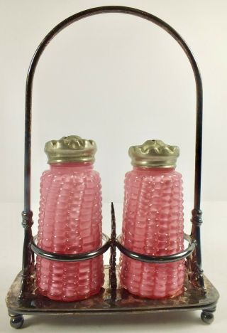 Dithridge Pink Cased Glass Ear Corn Salt & Pepper Shakers & Tufts Silver P Frame