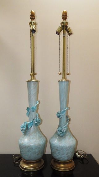 Pair Marbro Tiffany Blue Murano Seguso ? Lamps Mid Century Hollywood Regency