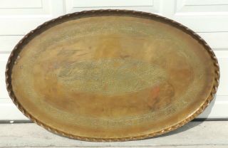 Very Large 46 " Antique/vtg Oval Solid Brass Embossed Tray Table Top Wall Plaque