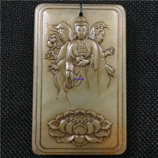 China Antique Handcarved Natural White Old Hetian Jade Guanyin Lotus Pendant