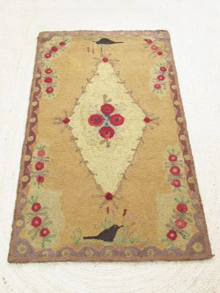 Antique American Folk Art Hooked Rug,  Roses,  Birds,  Cattails,  Primitive Americana