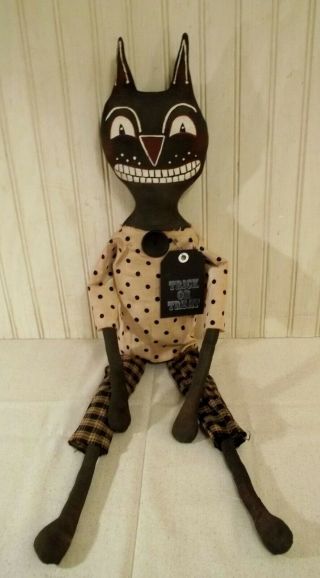 Primitive Grungy Old Time Look Smiling Black Cat Halloween Doll 4