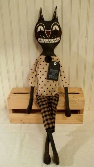 Primitive Grungy Old Time Look Smiling Black Cat Halloween Doll 5