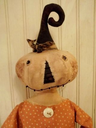 Primitive Grungy White Pumpkin Lady Halloween Doll & Her Black Cat 2