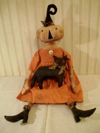 Primitive Grungy White Pumpkin Lady Halloween Doll & Her Black Cat 4