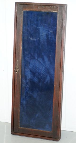 Old English Blue Velvet Lined Oak Display Collectors Cabinet With Key