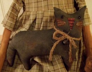 Primitive Grungy Orange Pumpkin Lady Halloween Doll & Her Black Cat 3