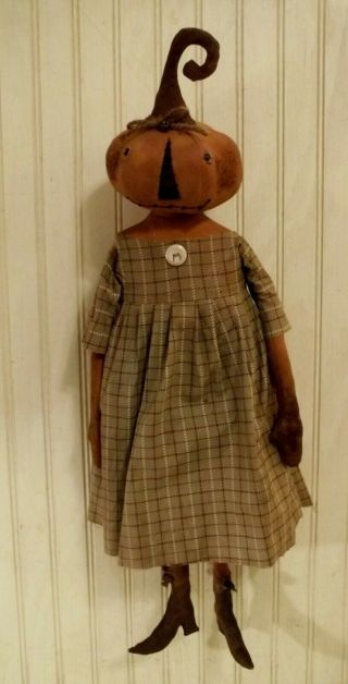 Primitive Grungy Orange Pumpkin Lady Halloween Doll & Her Black Cat 5