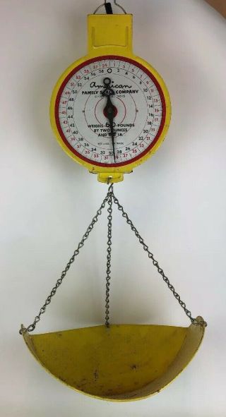 Vintage American Family Co.  Hanging Farm Produce Scale 60 Pounds Yellow